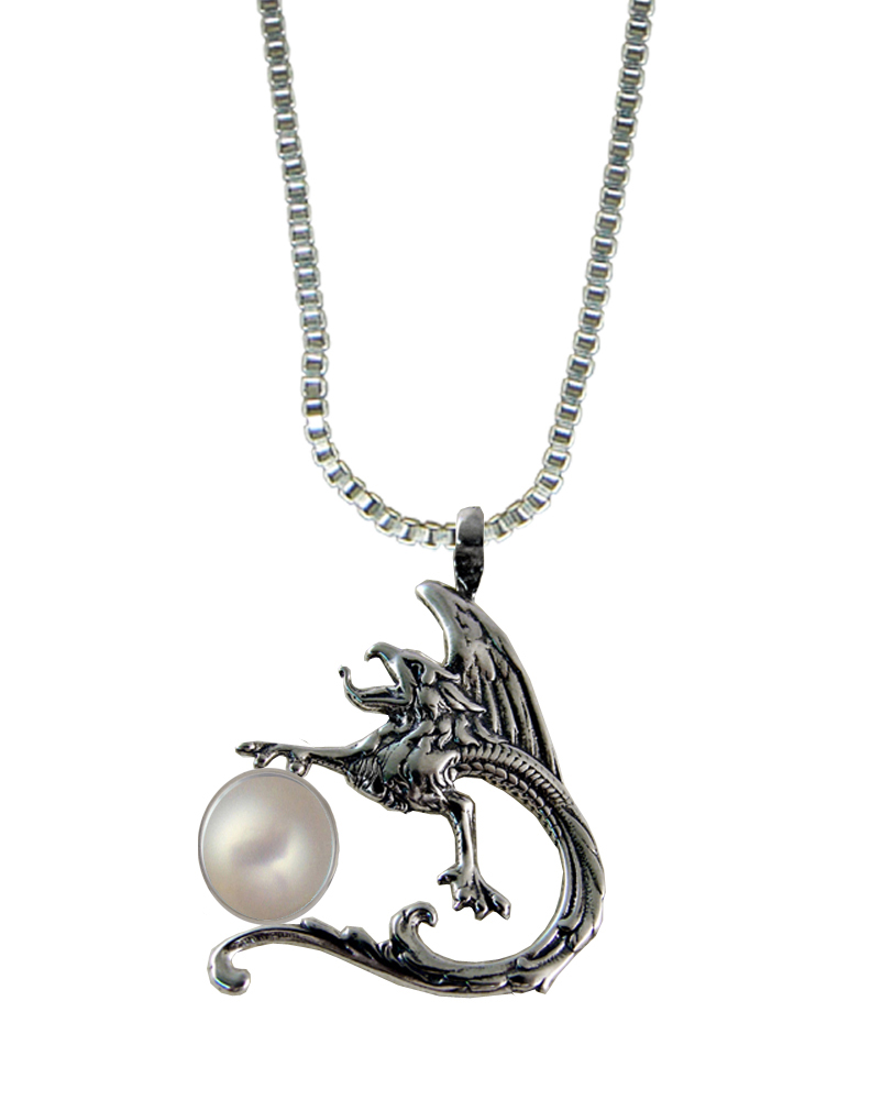 Sterling Silver Tattoo Dragon Pendant With Cultured Freshwater Pearl